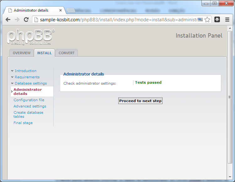 Configurações OK do administrador