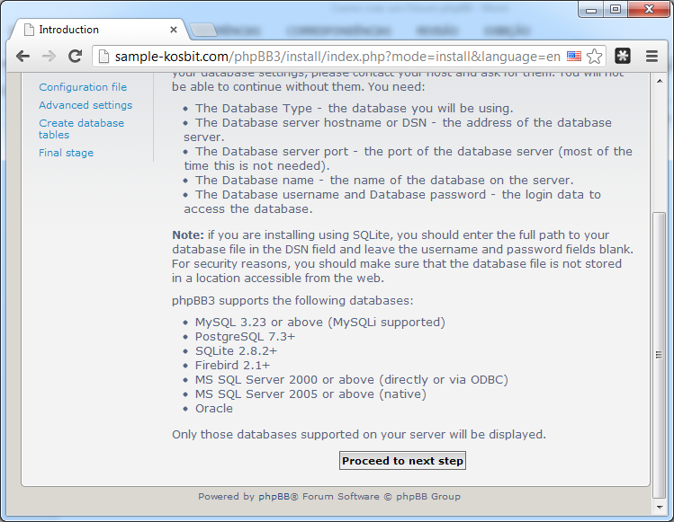Tela inicial de instalação do phpBB