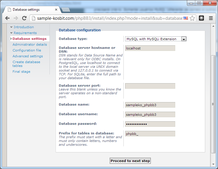Configuração do banco de dados do phpBB